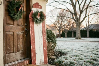 Décoration de père Noël DIY en bois peint installée devant une porte d'entrée rustique avec couronne de sapin et jardin givré