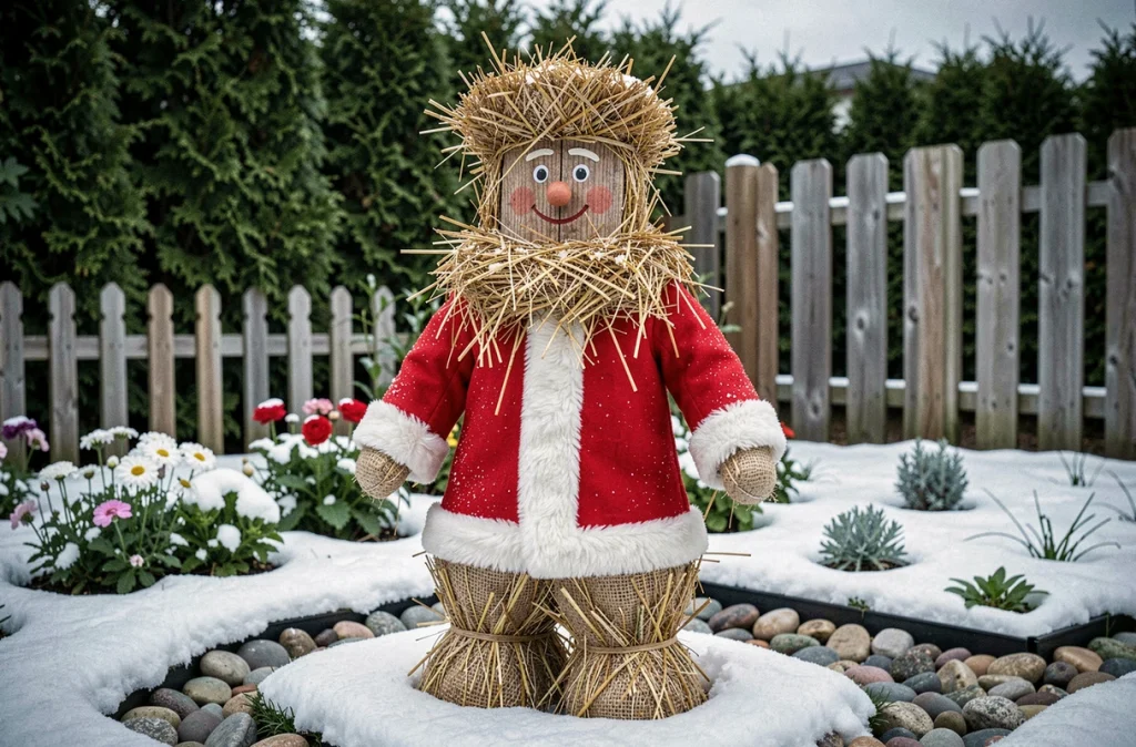 Père Noël de jardin grandeur nature fait de paille et de tissu en toile de jute avec manteau rouge, installé dans un parterre de fleurs enneigé