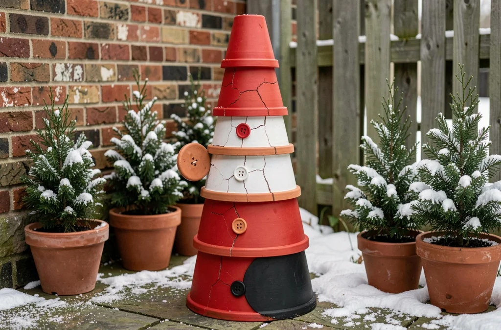 Père Noël décoratif extérieur fait de pots en terre cuite empilés et peints, posé sur un porche en pierre entouré de végétaux enneigés