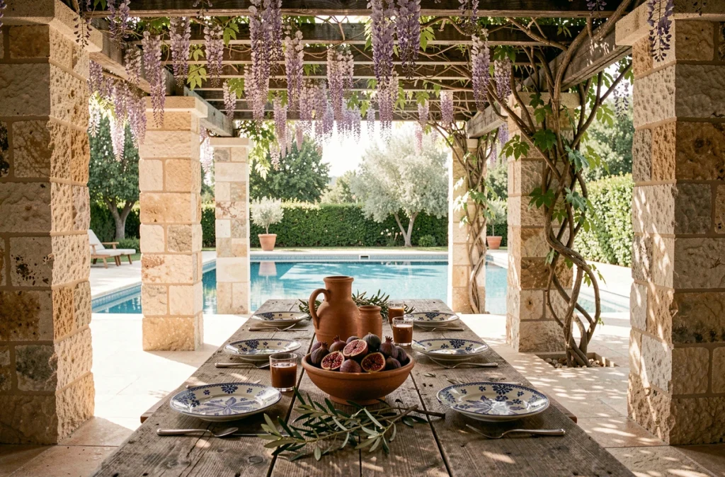 Pergola en pierre avec table dressée en céramique et fruits méditerranéens au bord d'une piscine