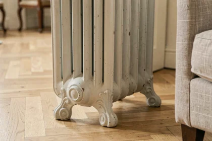 Pied de radiateur en fonte ornemental dans un appartement haussmannien avec parquet en chêne