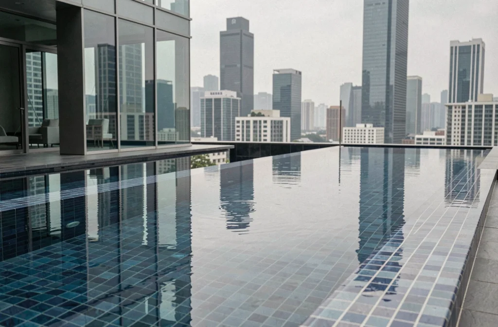 Piscine à débordement sur un toit en milieu urbain avec reflet de la skyline de la ville
