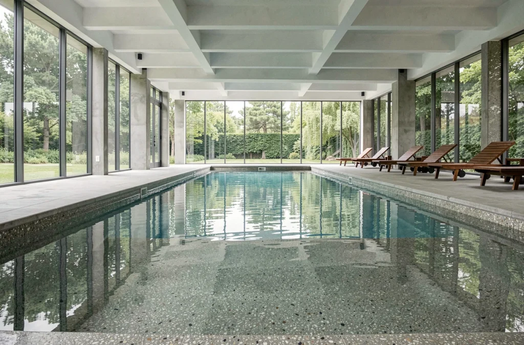 Piscine intérieure de luxe avec revêtement en béton et granulats de galets, baignée de lumière naturelle