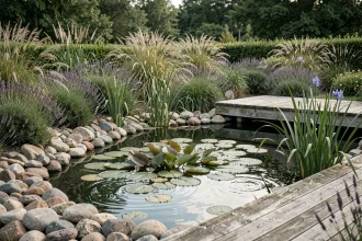 Piscine naturelle intégrée dans un jardin paysager avec plantes aquatiques, pierres naturelles et terrasse en bois
