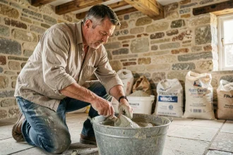 Artisan maçon préparant un dosage de mortier chaux sable dans un seau galvanisé pour enduit respirant sur mur ancien en pierre