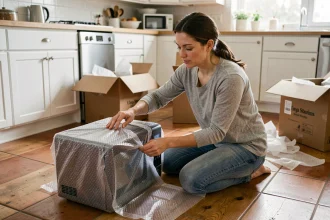 Femme préparant un micro-ondes pour un déménagement en l'enveloppant de film à bulles dans une cuisine résidentielle