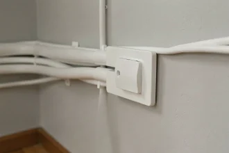 Prise électrique encastrée dans une goulotte PVC blanche fixée sur un mur gris dans un intérieur résidentiel moderne