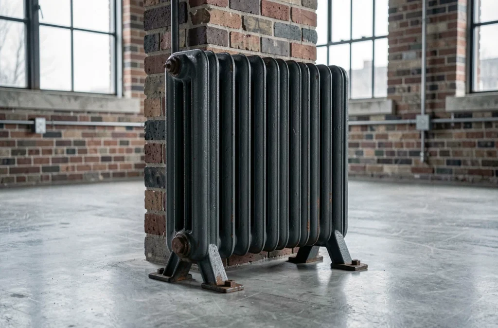 Radiateur en fonte anthracite avec pieds industriels dans un loft béton ciré et briques apparentes