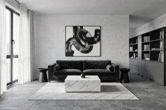 Salon moderne noir gris blanc avec canapé en velours anthracite, table basse en marbre et tapis géométrique dans un appartement urbain
