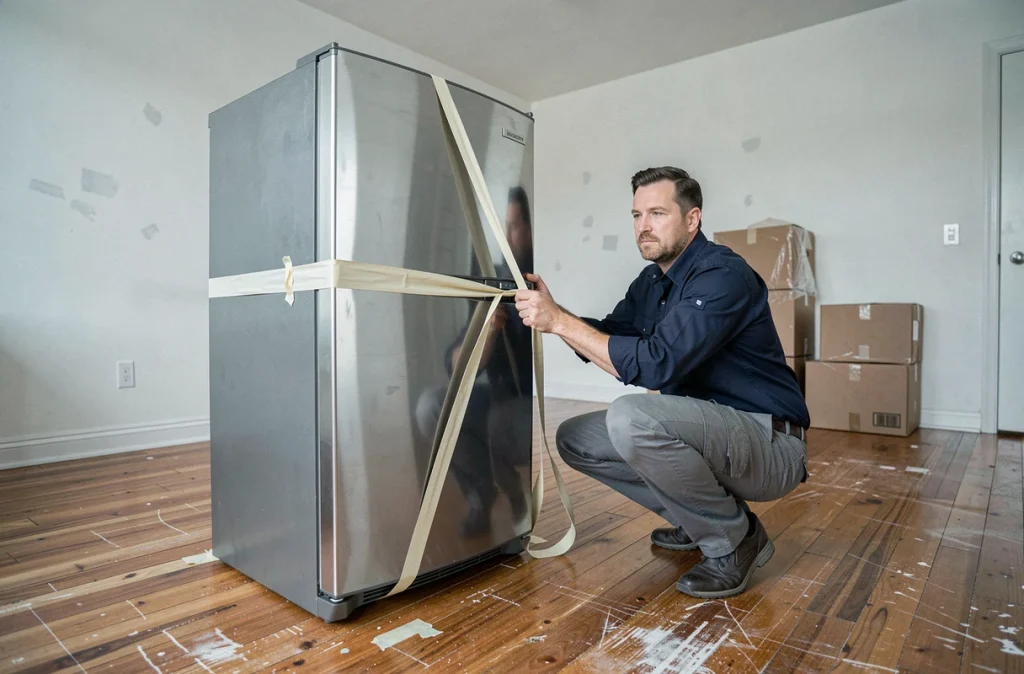 Homme sécurisant un réfrigérateur avec des sangles de déménagement dans un appartement vide avant un déménagement