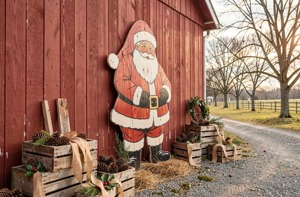 Silhouette de père Noël en contreplaqué peint fixée sur une grange en bois rouge, entourée de caisses rustiques avec pommes de pin et houx