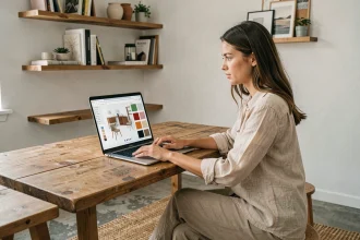 Femme utilisant un outil de simulation déco en ligne sur son ordinateur portable dans un bureau à domicile chaleureux