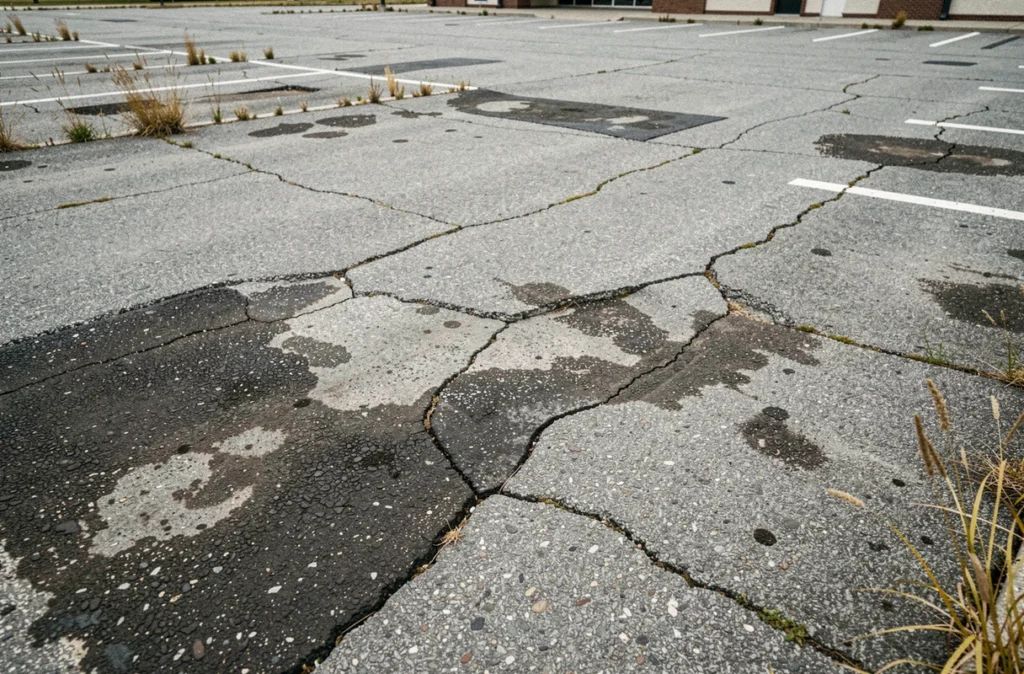 Surface d'enrobé dégradée avec fissures et nids-de-poule sur un parking en milieu urbain