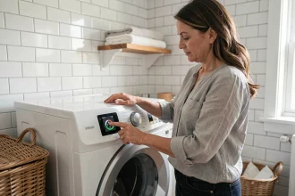 Femme examinant le symbole éco sur le panneau de commande d'un lave-linge moderne dans une buanderie domestique