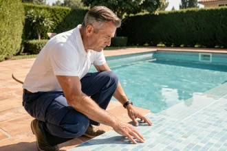Technicien piscine inspectant un revêtement en carrelage mosaïque bleu au bord d'une piscine extérieure