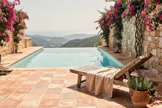 Terrasse méditerranéenne avec piscine à débordement, carrelage en terre cuite et bougainvilliers en fleurs