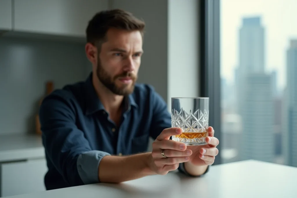 Mains d'un homme tenant un verre à whisky en cristal à contre-jour pour en vérifier la qualité et la transparence avant achat