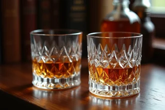 Deux verres à whisky en cristal taillé posés sur une table en noyer, l'un rempli de whisky ambré, mettant en valeur la qualité artisanale du cristal