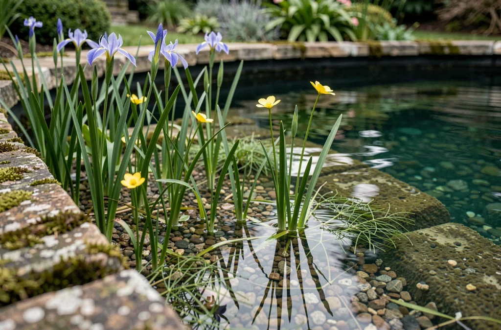 Zone de régénération d'une piscine naturelle avec plantes filtrantes aquatiques et gravier naturel immergé