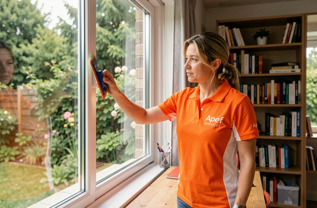 Professionnelle Apef Services nettoyant les vitres d'un bureau à domicile moderne avec vue jardin