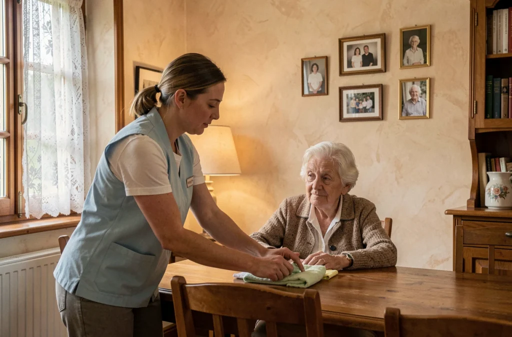 Aide à domicile d'une association aidant une personne âgée dans sa maison traditionnelle française