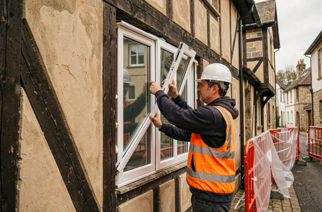 Poseur Avenel installant une large fenêtre dans une maison normande à colombages en cours de rénovation