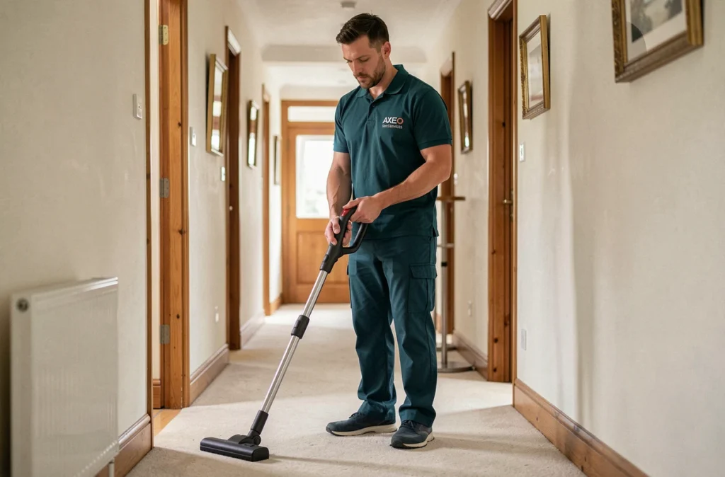 Agent Axeo Services passant l'aspirateur dans le couloir d'une maison pavillonnaire française