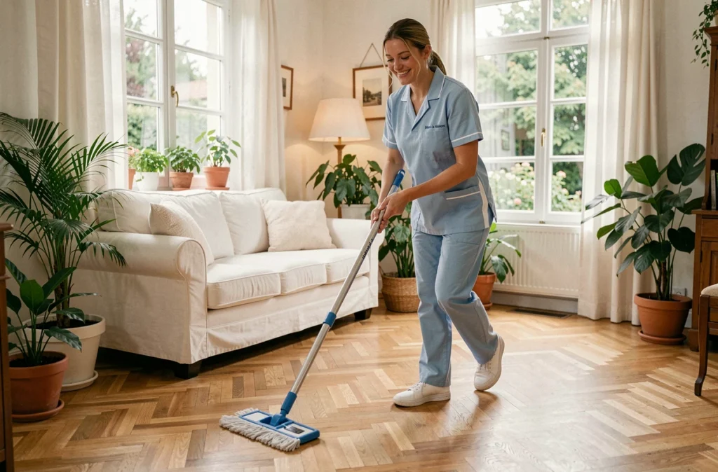 Aide à domicile Bien à la Maison lavant le parquet d'un salon cosy avec vue sur jardin