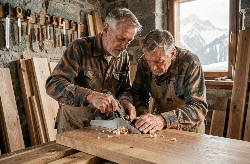 Menuisier travaillant le bois massif dans un atelier traditionnel en Haute-Savoie pour Bois Mauris Oddos