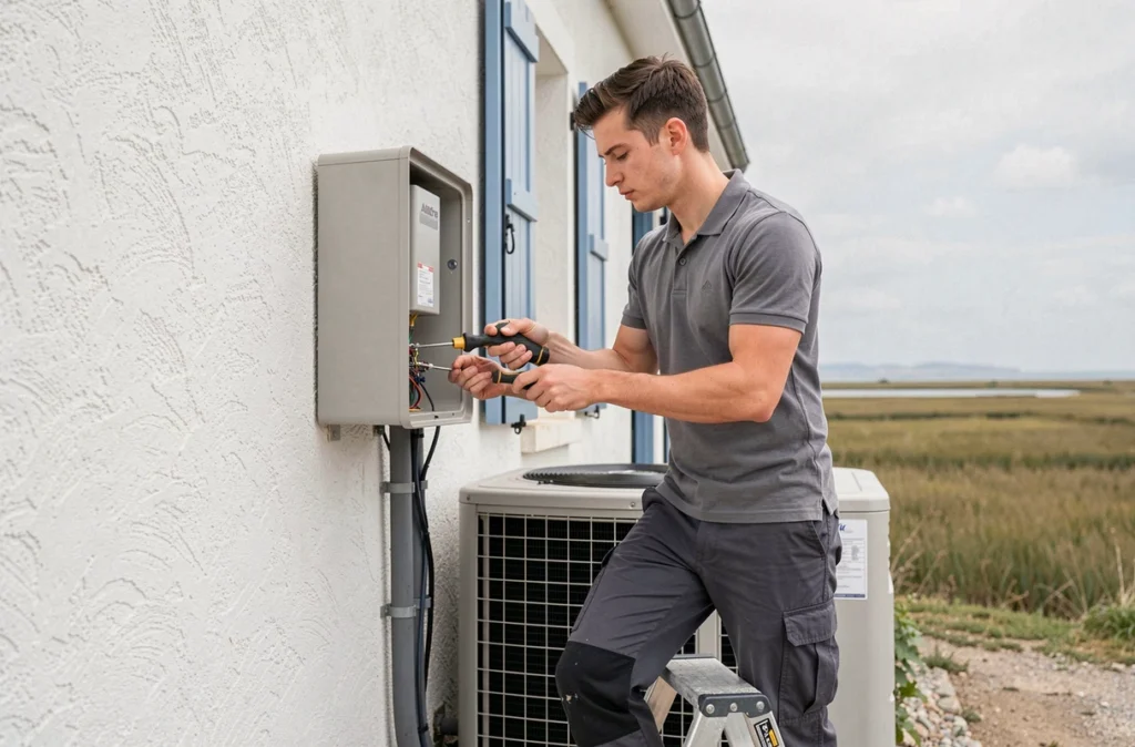 Technicien Clim'Ouest finalisant le raccordement électrique d'une pompe à chaleur sur une maison du littoral vendéen