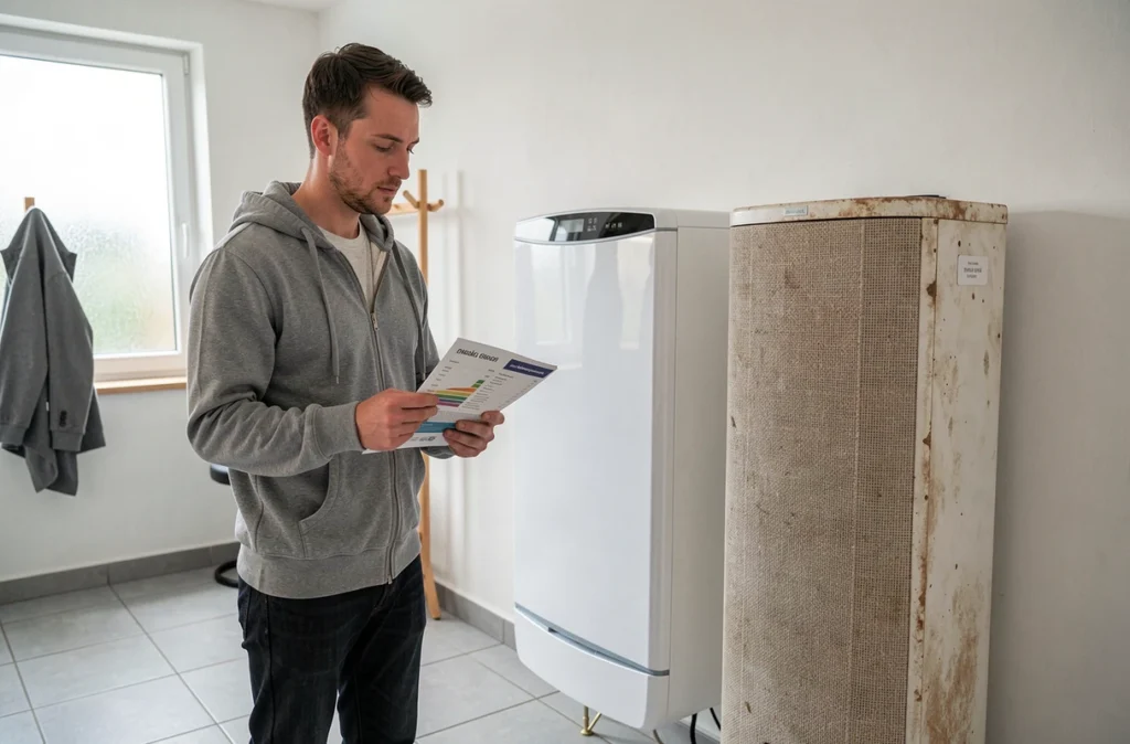 Homme comparant deux modèles d'accumulateurs électriques dans un couloir résidentiel avec brochure énergétique