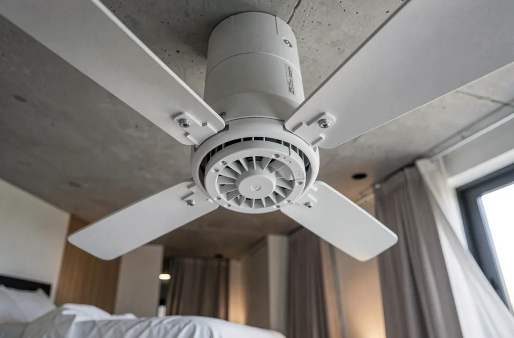 Gros plan du moteur d'un ventilateur de plafond silencieux pour chambre à coucher