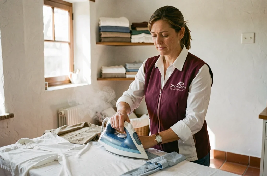 Aide à domicile Domidom repassant des vêtements dans la buanderie d'une maison de style basque