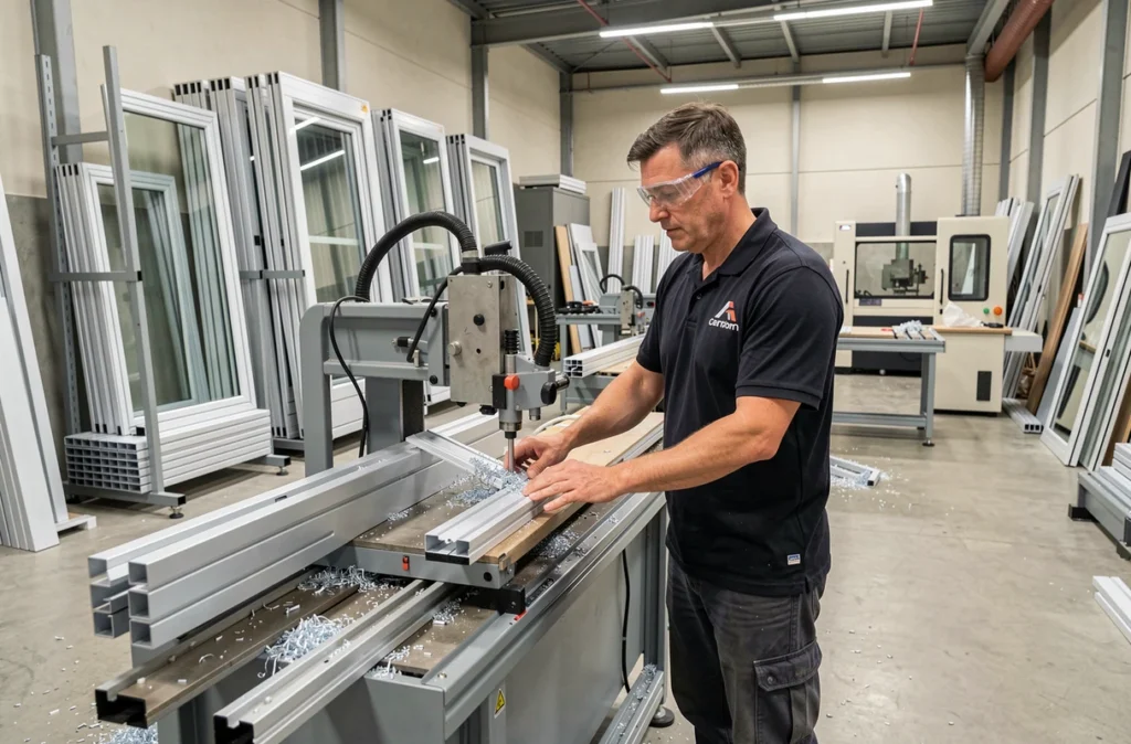 Menuisier fabricant des fenêtres en aluminium sur machine de précision dans l'atelier DP Menuiserie