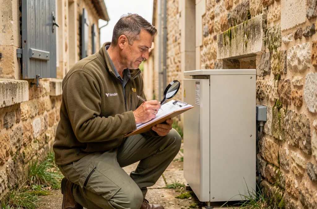 Technicien Dupré Énergies Services effectuant la maintenance d'une pompe à chaleur dans le passage d'une ferme en Vendée