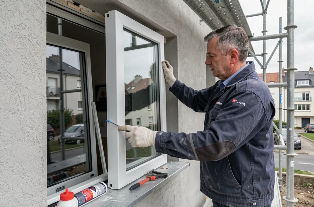 Technicien installant une grande fenêtre en aluminium à double vitrage sur une maison à Saint-Étienne pour Espace Ouvertures