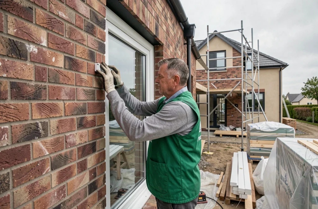 Installateur d'Euro Habitat posant une fenêtre en PVC sur un chantier de construction neuve en Normandie