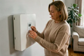 Femme réglant un accumulateur électrique blanc fixé au mur dans un salon moderne et chaleureux