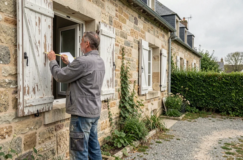 Artisan de G.Lutinier mesurant une ouverture de fenêtre sur une maison ancienne en pierre dans un village du Calvados