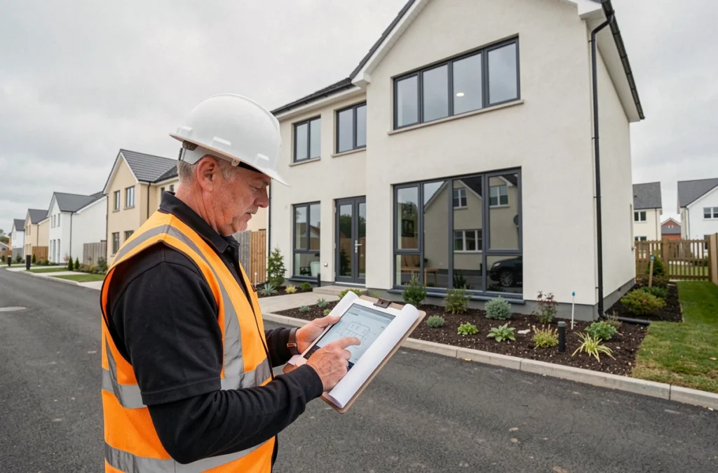 Spécialiste de GC2E contrôlant des plans devant une maison moderne à haute efficacité énergétique avec fenêtres triple vitrage en Normandie