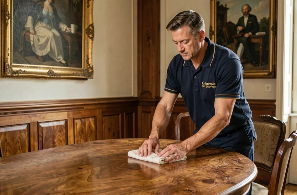 Agent Générale des Services rangeant la salle à manger d'une maison bourgeoise française classique