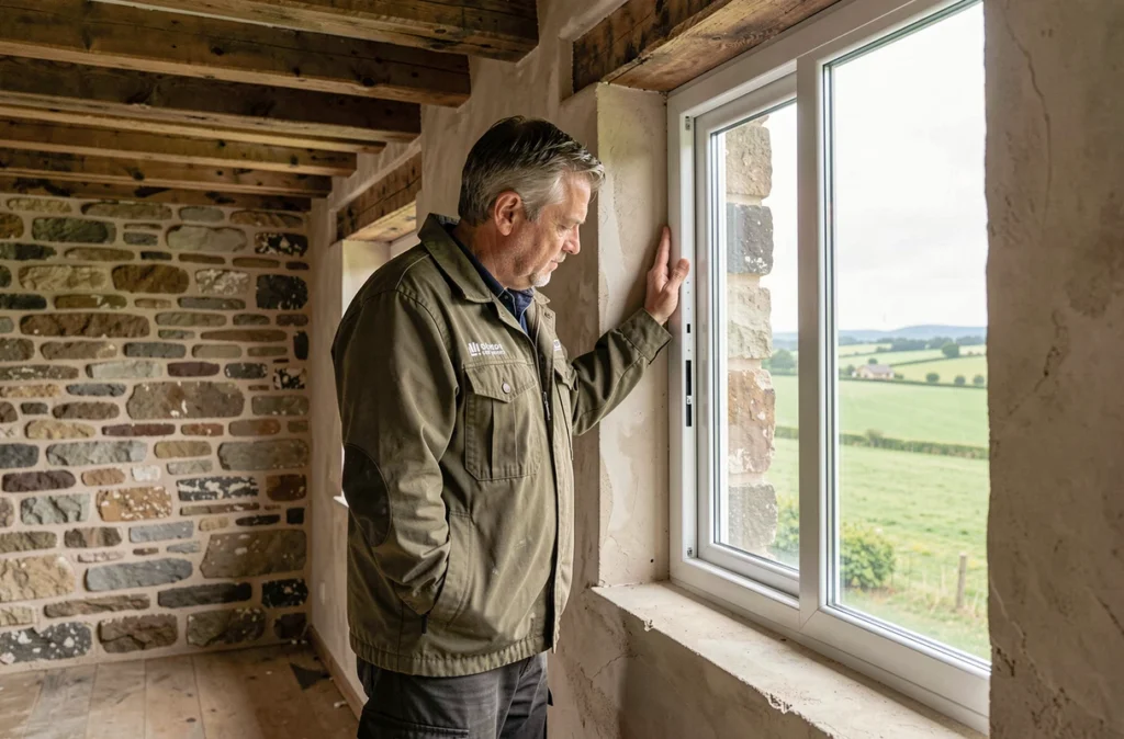 Technicien de G.L.P. Habitat inspectant une fenêtre en aluminium installée dans une ferme normande rénovée