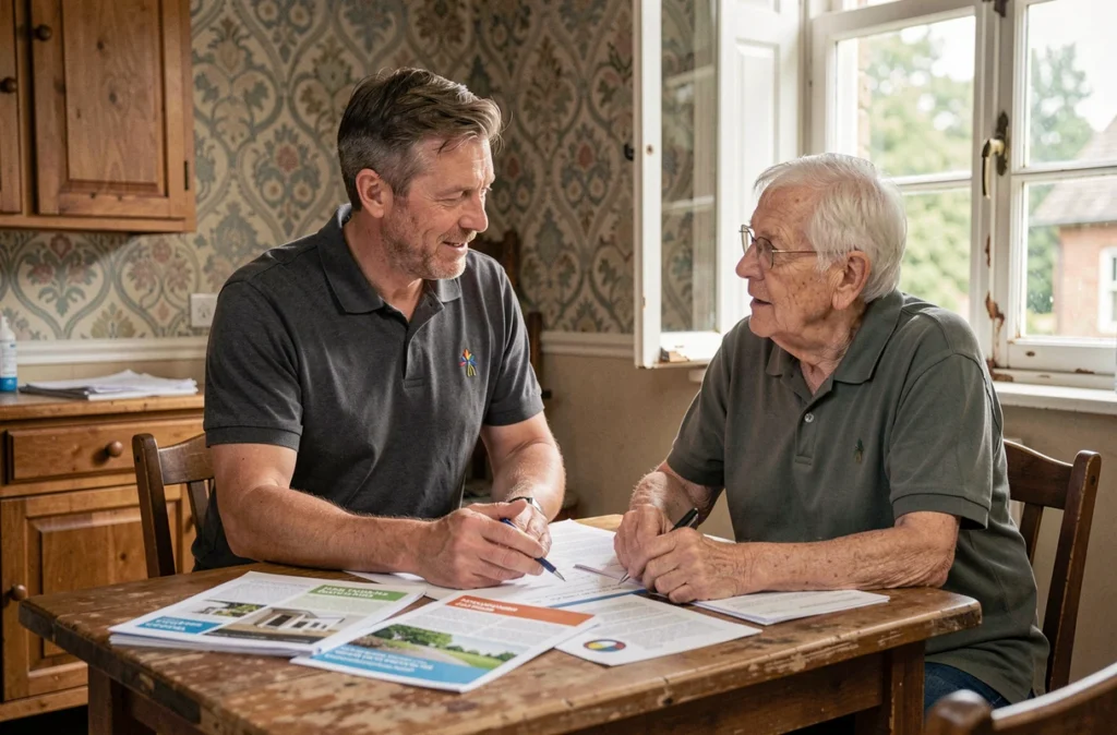 Conseiller du GPAL discutant des options de rénovation de fenêtres avec un propriétaire âgé dans son domicile normand