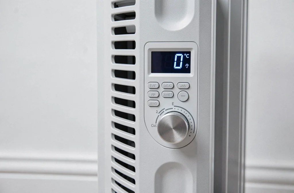 Gros plan sur le panneau de commande numérique d'un accumulateur électrique avec affichage de température