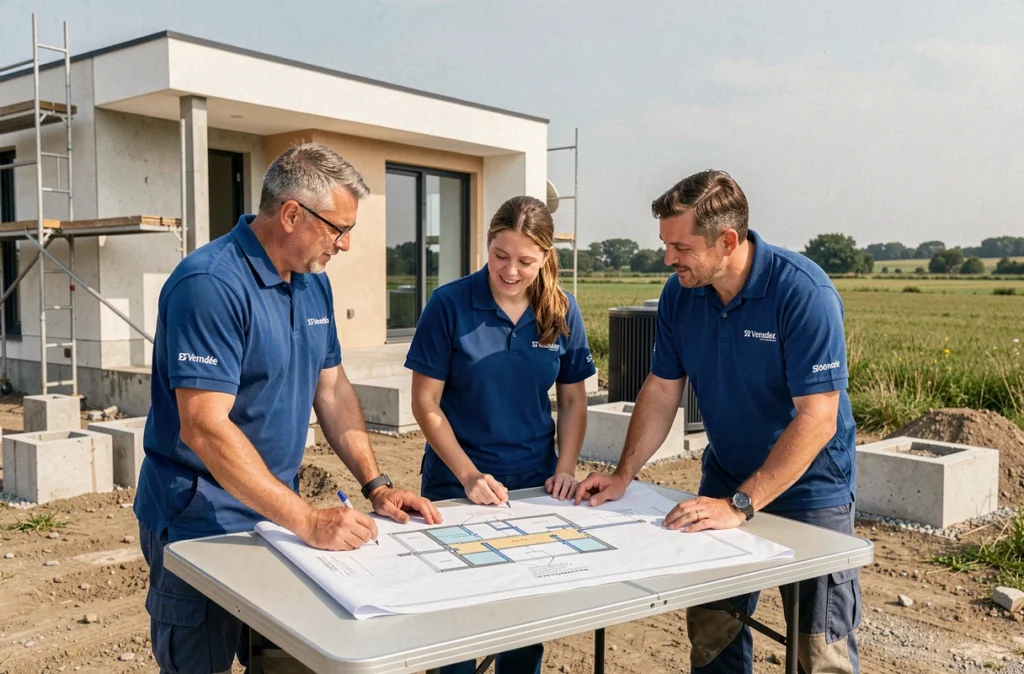 Équipe Groupe Artéchnic planifiant l'installation d'une pompe à chaleur sur un chantier de construction neuve en Vendée