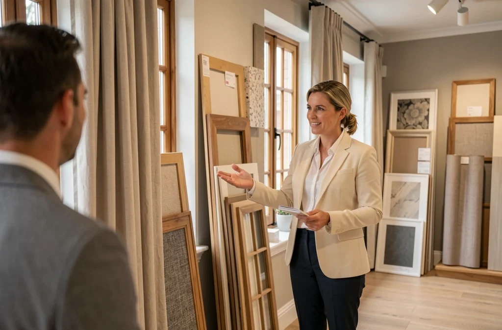 Consultante en décoration présentant des échantillons de fenêtres et rideaux dans le showroom Habitat Project Decoration