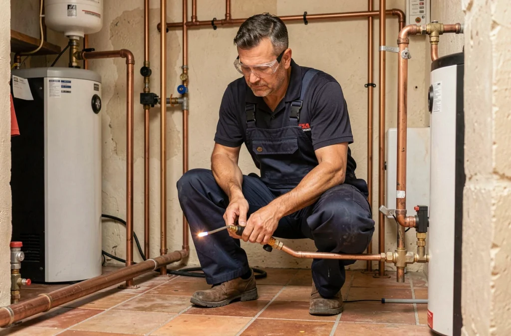Plombier-chauffagiste Hervouet Plomberie Chauffage raccordant une pompe à chaleur au circuit hydraulique dans une maison vendéenne