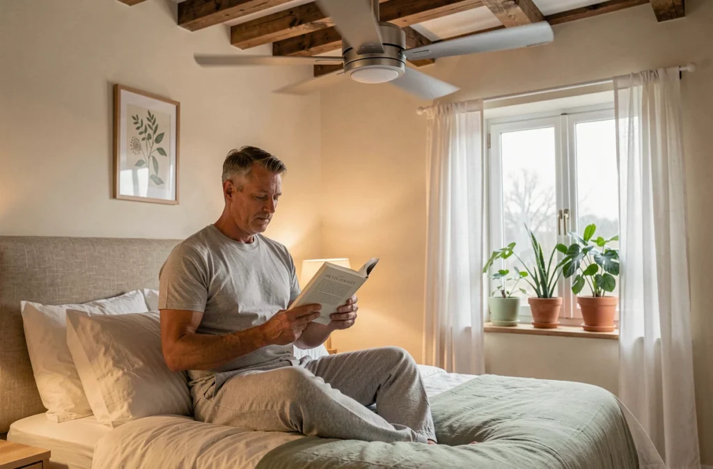 Homme lisant dans son lit sous un ventilateur de plafond silencieux dans une chambre chaleureuse