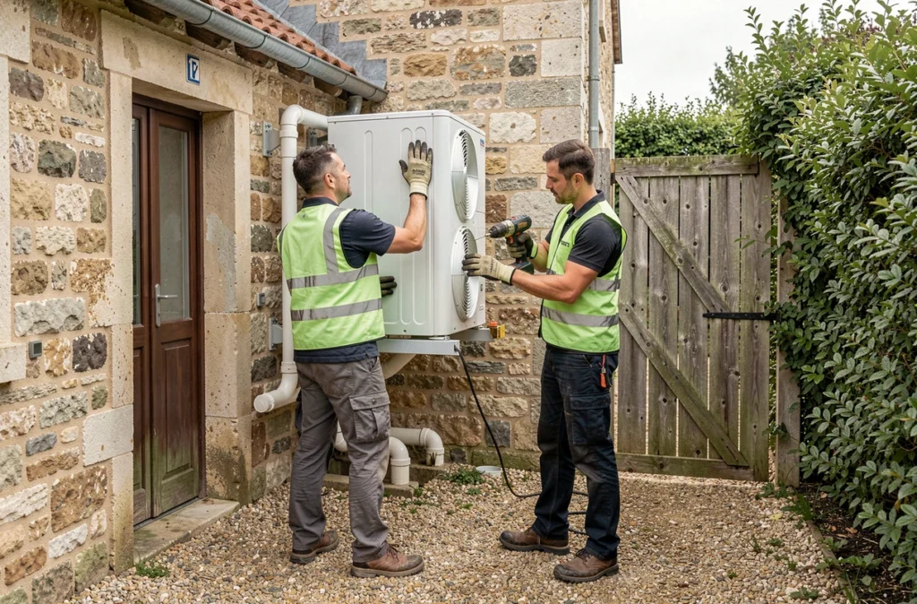 Deux techniciens Ets Leriche Énergies Renouvelables Solutions posant une pompe à chaleur sur une maison en pierre en Vendée