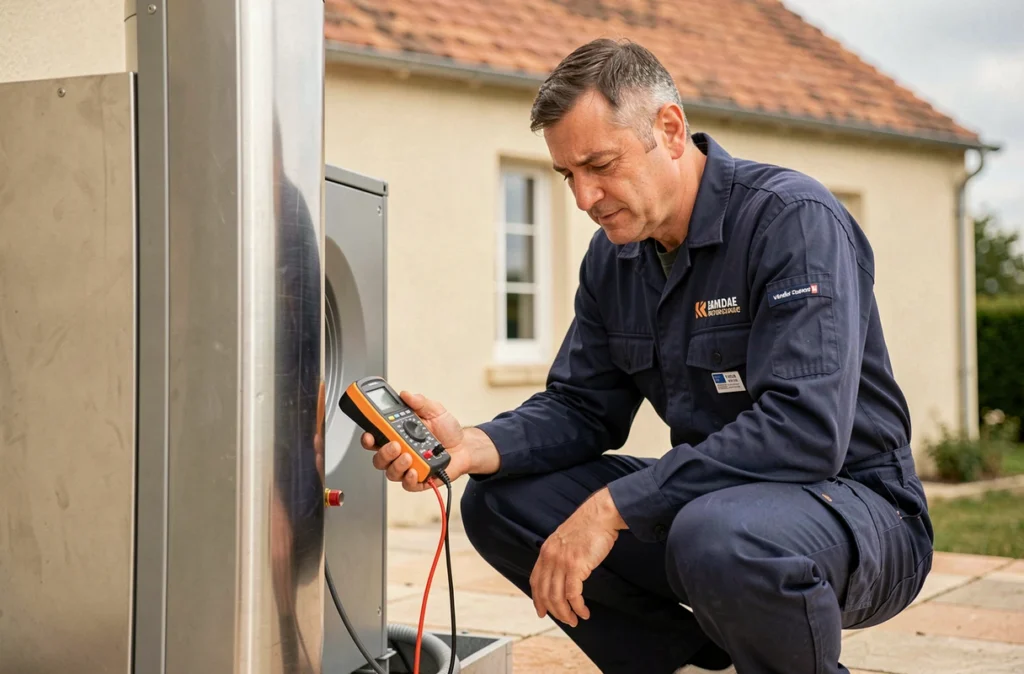 Technicien MATE Énergie installant une pompe à chaleur air-eau sur une terrasse résidentielle en Vendée